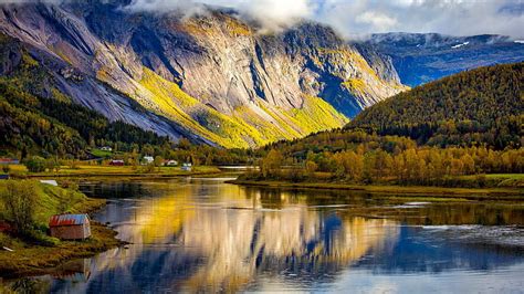 Straumen Norway Rocks Fall Autumn Travel Bonito Sea Mountain