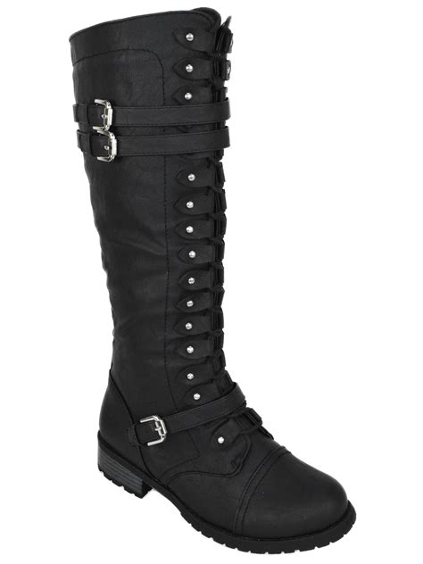 Wild Diva Wild Diva Lounge Women Knee High Combat Army Military Riding Lace Up Boots Timberly