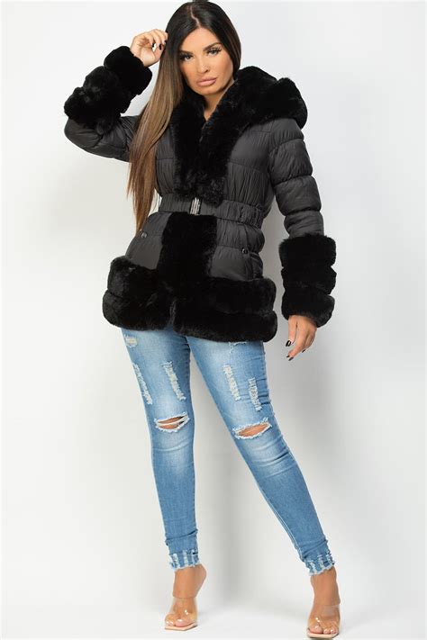 Womens Faux Fur Trim Puffer Hooded Down Jacket With Belt Uk