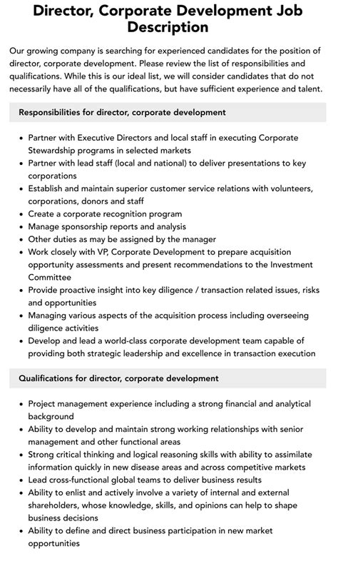 Director Corporate Development Job Description Velvet Jobs