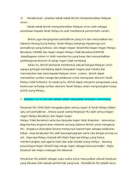 Pengenalan malayan union di tanah melayu pada tahun 1946 telah menunjukkan penyatuan masyarakat terhadap penjajahan british. 223677324 Cadangan Jawapan Kertas 3 Tingkatan 5 Bab 4 ...