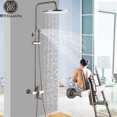 Brushed Nickel Rainfall Shower Mixer Faucet Wall Mount Swivel Spout