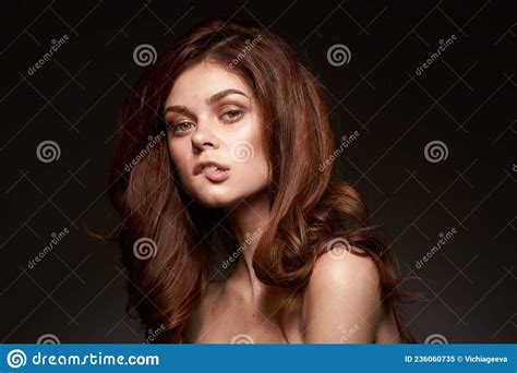 Pretty Woman Makeup Posing Naked Shoulders Hairstyle Cropped View Stock