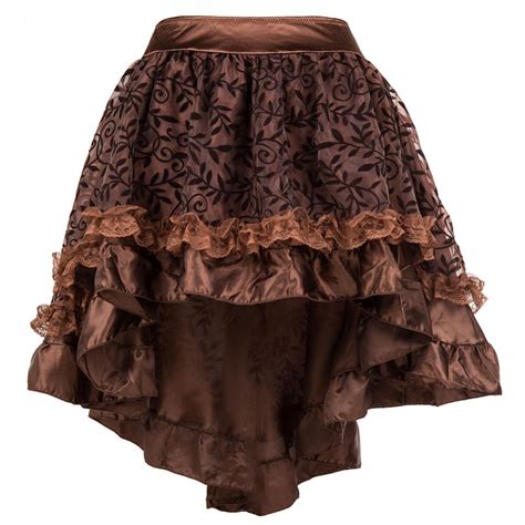 Brown Floral Pattern Asymmetrical Ruffle Satin And Tulle Skirts Womens