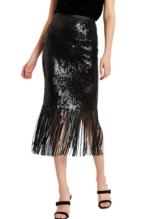 Black Fringe Sequin Skirt Midi Sequin Skirt Skirt Fashion High