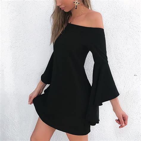 Solid Off Shoulder Flare Sleeve Mini Bodycon Dress Vestwiki Mini