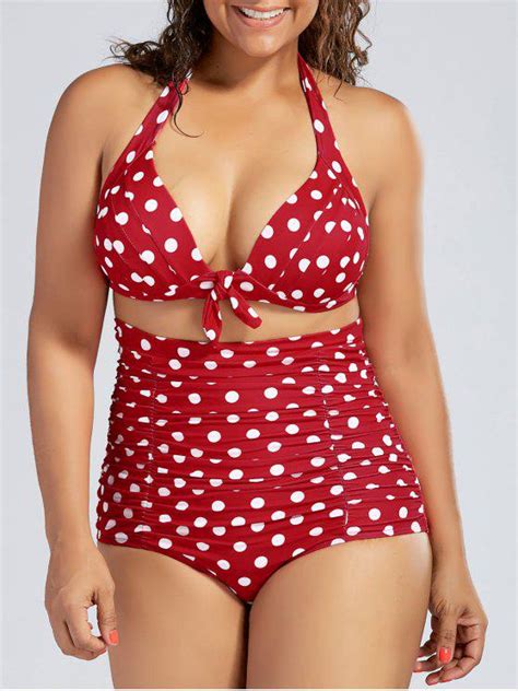 34 Off 2021 Plus Size Polka Dot Halter Pin Up Bikini Swimsuit In Red