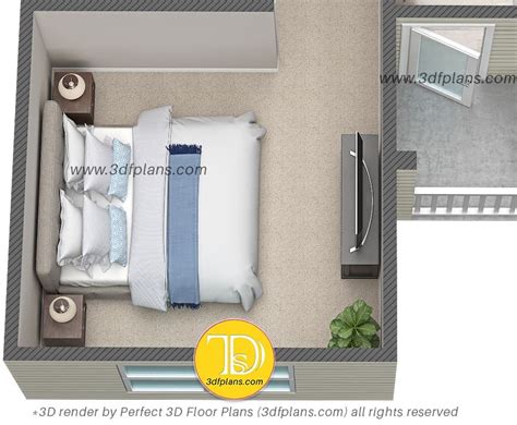 Bedroom 3d Floor Plan Rendering With King Size Bad Light Color Pillows