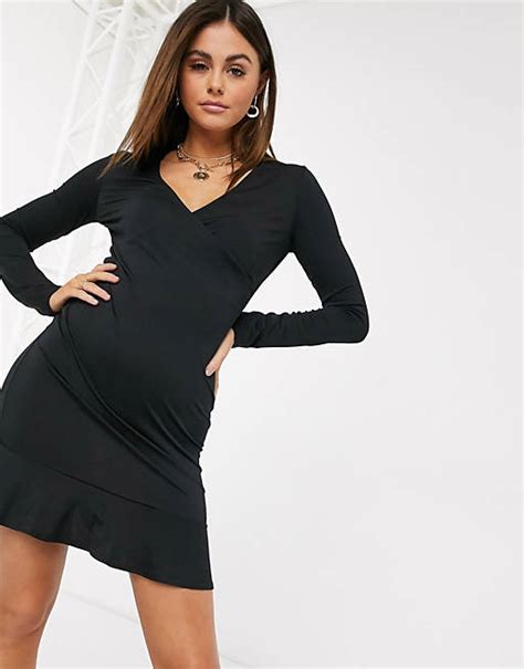 Missguided Wrap Front Frill Dress In Black Asos