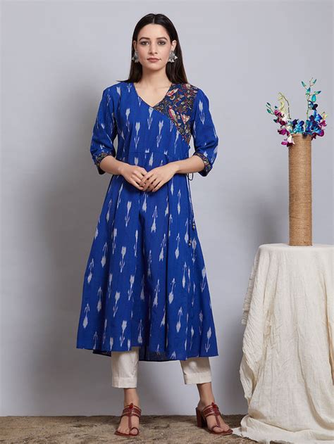 Buy Magenta Cotton Ikat Asymmetric Kurta Online At Theloom