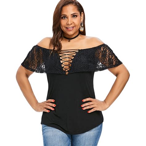 buy gamiss plus size 5xl lace foldover off shoulder t shirt women solid sexy