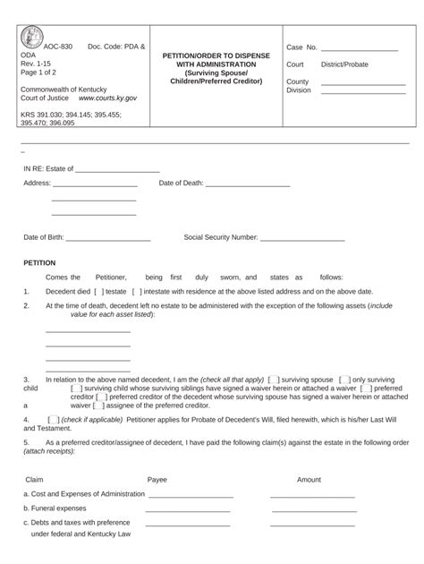 Summary Administration Petition For Small Estates Kentucky Form Fill Out And Sign Printable