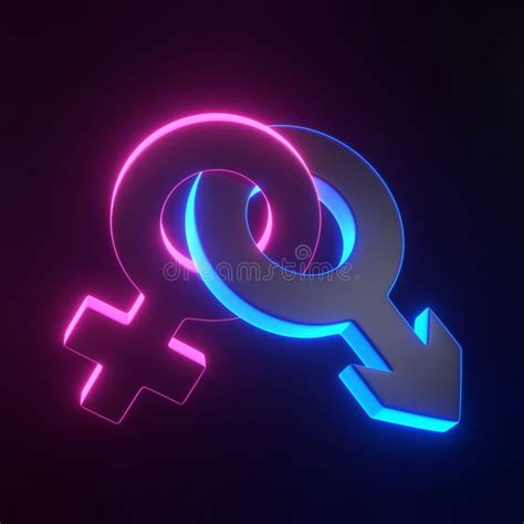 Male And Female Symbols Joined Together With Bright Glowing Futuristic Blue Neon Lights On Black