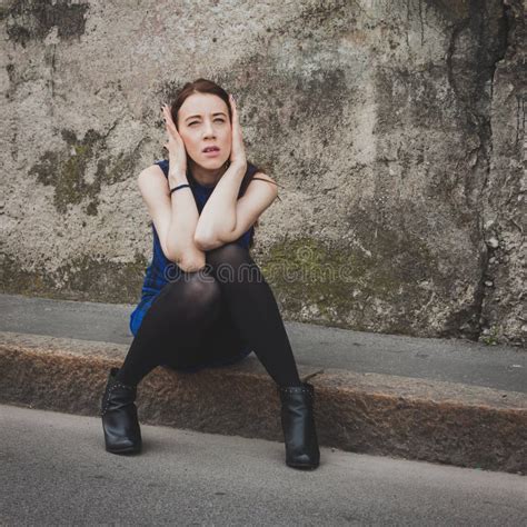 Pretty Girl Sitting On Sidewalk Stock Image Image Of Sensual Pretty