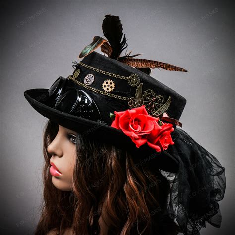 Women Steampunk Cosplay Goggles Victorian Top Hat With Lace Black