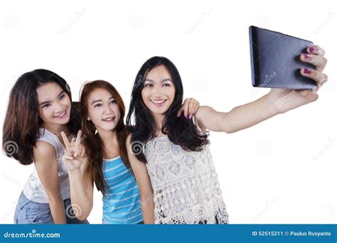 Three Cheerful Girls Taking Selfie Stock Image Image Of Mobile Cellphone 52515211