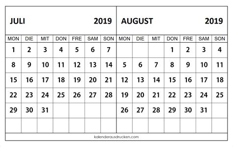 Kalender Juli August 2019 Zwei Monatliche Kalender