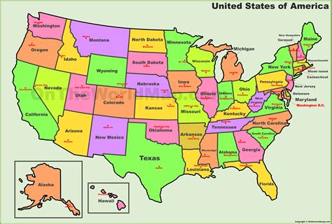 Map of the usa with capital and main cities shows that there are 50 states and over 300 cities. U.S. States and Capitals Map