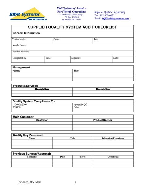 Supplier Quality System Audit Checklist Specification Technical