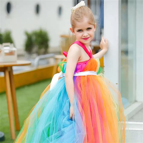 Rainbow Color Girls Long Tutu Dresses Kids Handmade Fluffy Tulle Tutus