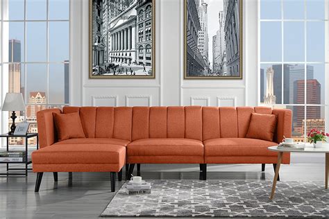 Mid Century Modern Style Fabric Sleeper Futon Sofa Living Room L Shape