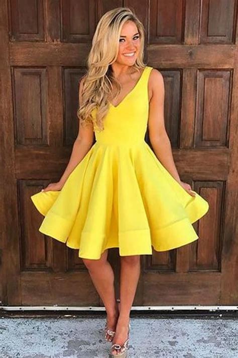 V Neck Pastel Yellow Short Homecoming Dresses Under Cm