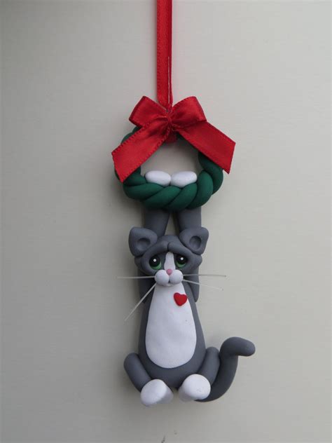Gray Tuxedo Cat Christmas Ornament Polymer Clay Cute Modèles De Noël