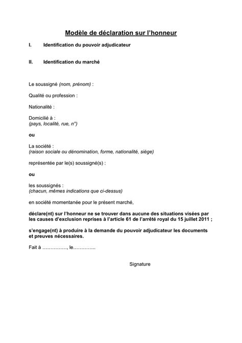 Modèle De Déclaration Sur Lhonneur Doc Pdf Page 1 Sur 1