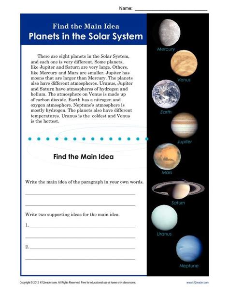 Reading worksheets and online activities. 3rd or 4th Grade Main Idea Worksheet About Planets | Main ...