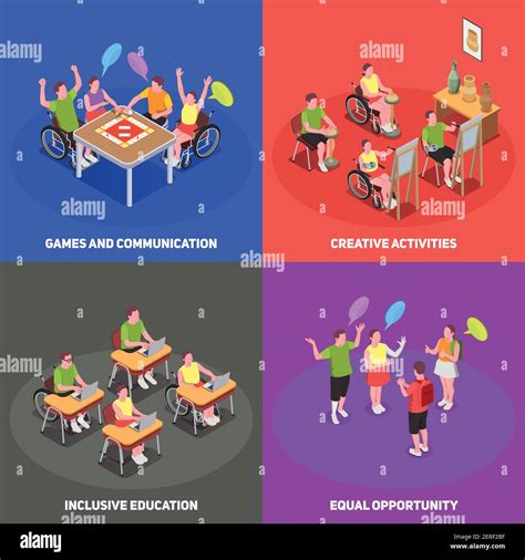 Colorful Isometric 2x2 Icons Set With People At School With Inclusive