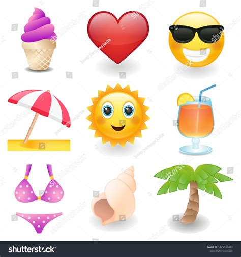 Set Of Beach Emojis Summer Vacations Illustration Face Vector Design