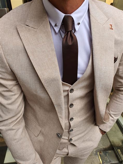 Gentwith Mobile Beige Slim Fit Pinstripe Suit Beige Suits Wedding Dress Suits For Men