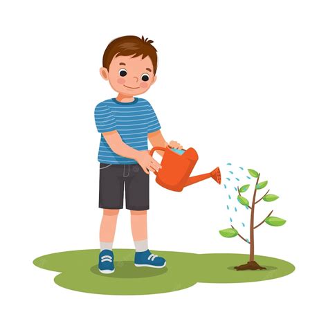 Premium Vector Cute Little Boy Watering Plants Flowers In The Pot