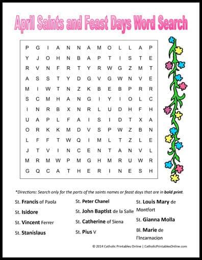 April Saints And Feast Days Word Search Printable Real