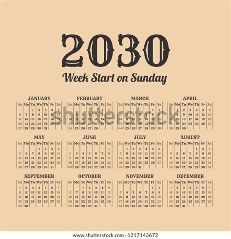 2030 Year Calendar Vintage Style On Stock Vector Royalty Free