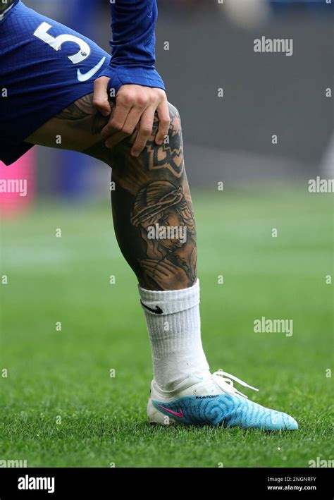 London UK 18th Feb 2023 Enzo Fernández s leg tattoo of Chelsea