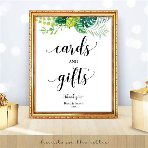 Where to send the wedding gift. Greenery Wedding - Tropical Leaves - Cards and Gifts Sign