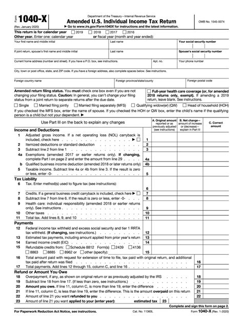 Amended Us Individual Income Tax Return Form 1040x Rev January
