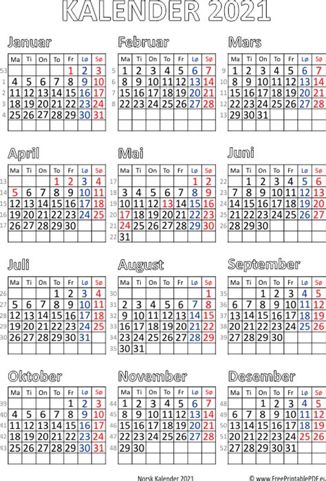 Kalendere er ellers tomme og designet for enkel utskrift. Norsk Kalender 2021 utskriftsvennlig | Gratis ...