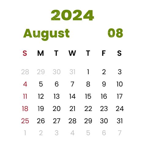 August 2024 Calendar Display Simple Style Vector 2024 Calendar Simple