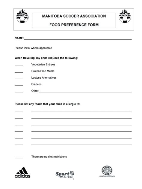 Fillable Online Food Preference Form Manitoba Soccer Fax Email Print