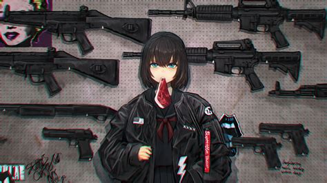 Anime Girls Gun Military Black Hair Blue Eyes Digital Art Artwork