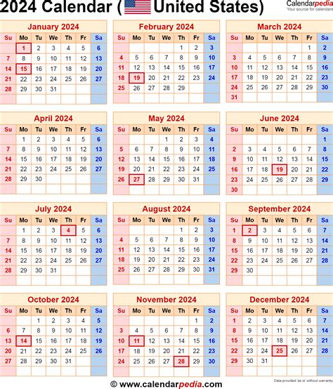 2024 Yearly Calendar With Federal Holidays Monthly Calendar 2024
