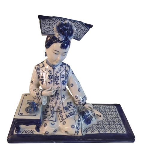 Chinoiserie Blue And White Porcelain Figure On Oriental