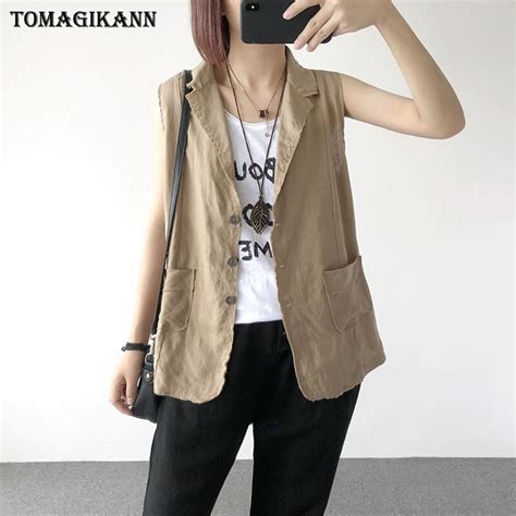 2019 Casual Solid Cotton And Linen Women Vest Coat Summer Girl Single Breasted Pockets Loose