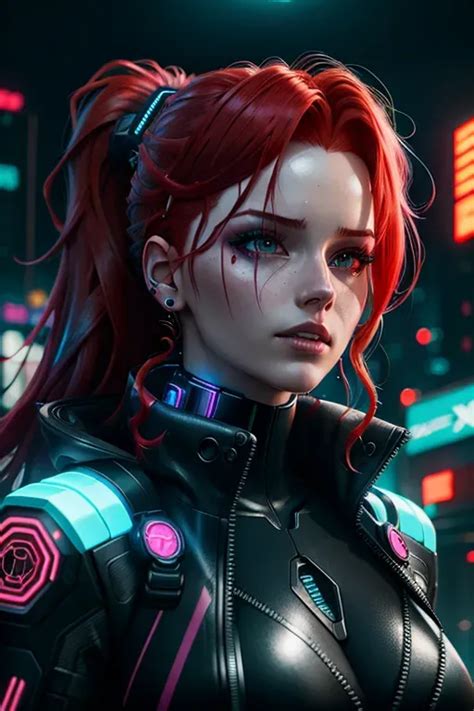 Dopamine Girl Cyberpunk Woman With Red Hair Looking Up Raining