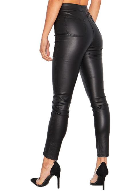 Womens Skinny Leather Wet High Stretch Look Pu Jeans Trousers Shiny