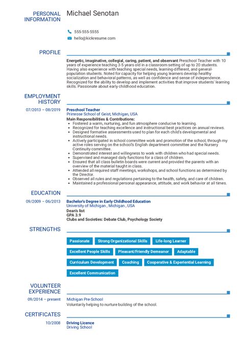 A teacher resume must ensure to show dedication and passion towards the specific field of teaching and also demonstrate the individual's ability and enthusiasm for constant learning. Preschool Resume Example in 2020 | Teacher resume examples ...