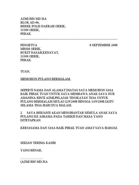 Surat Pulang Bermalam