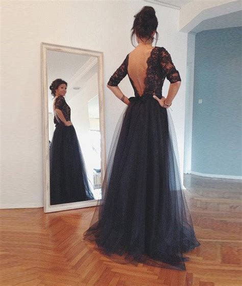 Custom Made Long Sleeves Backless Lace Black Prom Dresses Lace Black